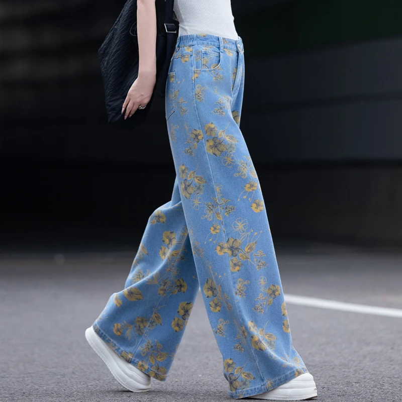 印花春秋裤子女显瘦2025年新款牛仔裤女时髦阔腿裤宽松垂感直筒裤