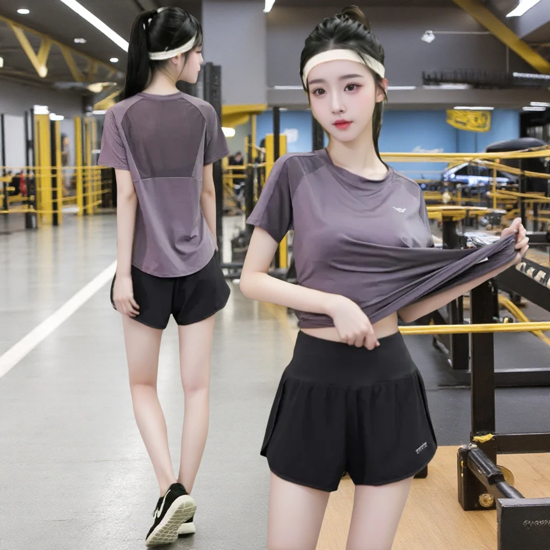 夏季新款速干高腰宽松瑜伽服短袖三件套女跑步运动裤假两件瑜伽裤