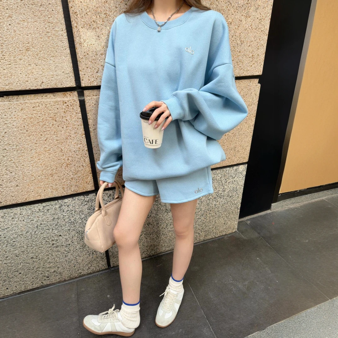 Alo老钱风圆领卫衣套装女士早秋休闲宽松运动套头长袖上衣慵懒风