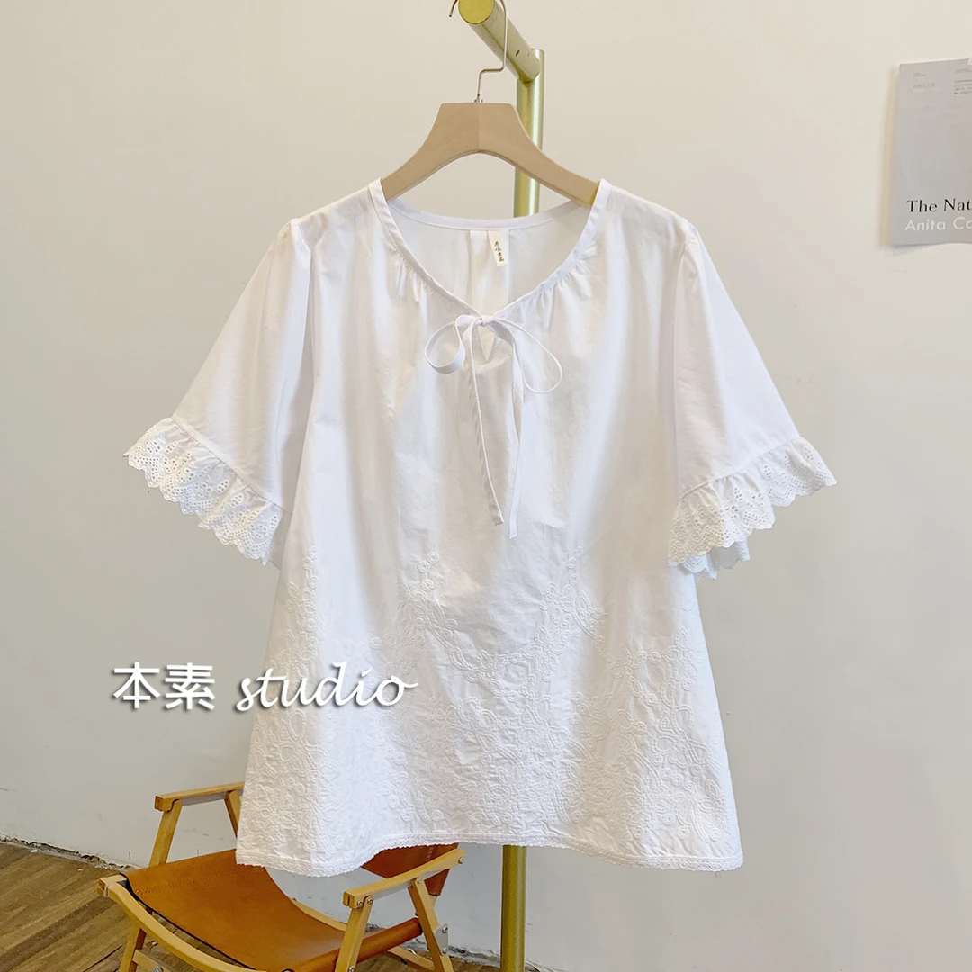 C3904刺绣蕾丝边系带圆领短袖衬衫