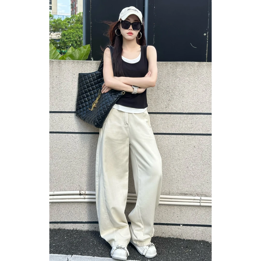 夏季舒适软牛仔百搭奶白色弯刀阔腿长裤女款腰带款垂感低调简约