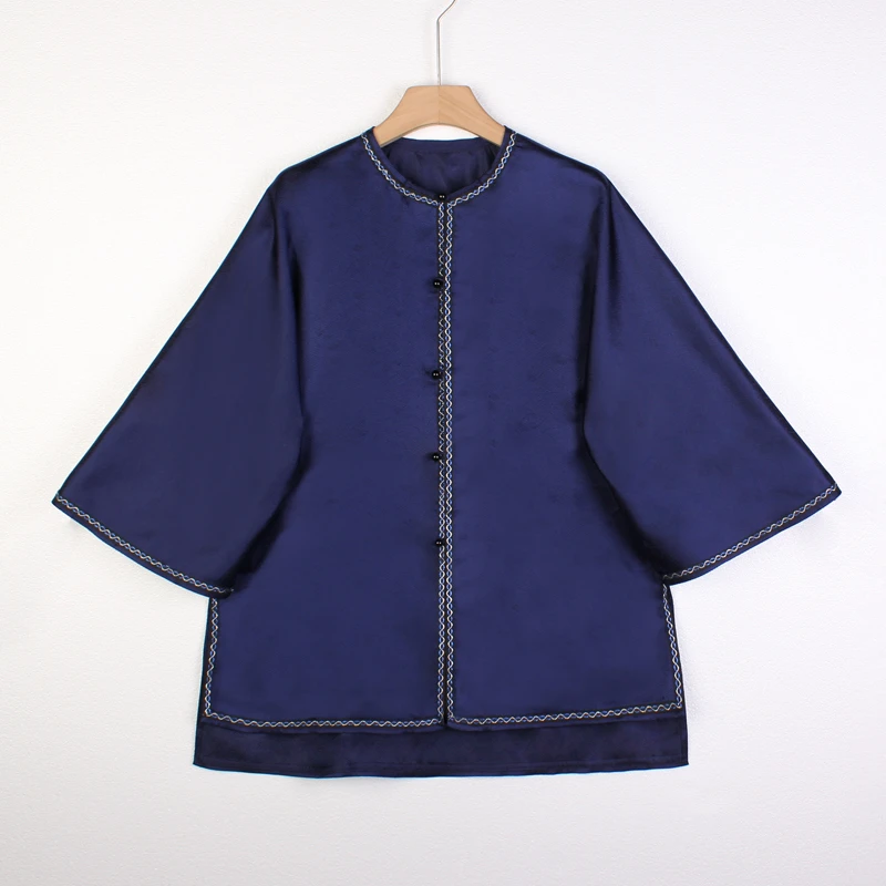 【蓝辰】复古新中式桑蚕丝中国风民族风后插肩提花对襟单层上衣