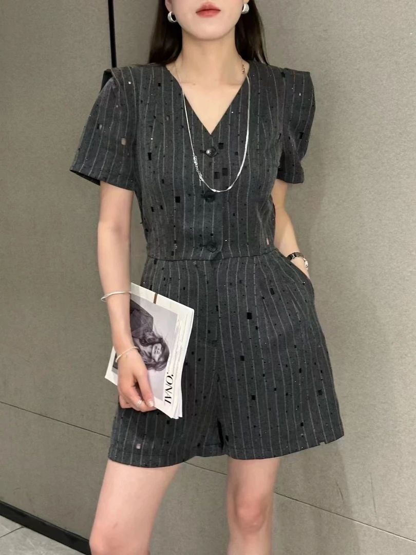 【9320】我#时尚百搭破洞V领连体裤