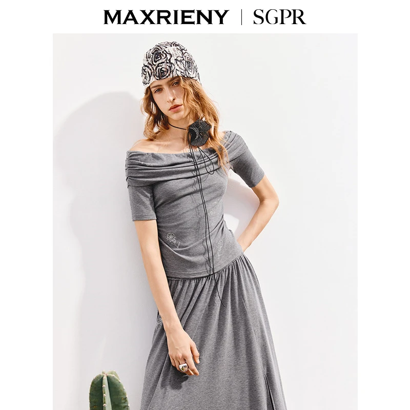 【商场同款】MAXRIENY25年夏季新款高级灰一字领烫钻上衣