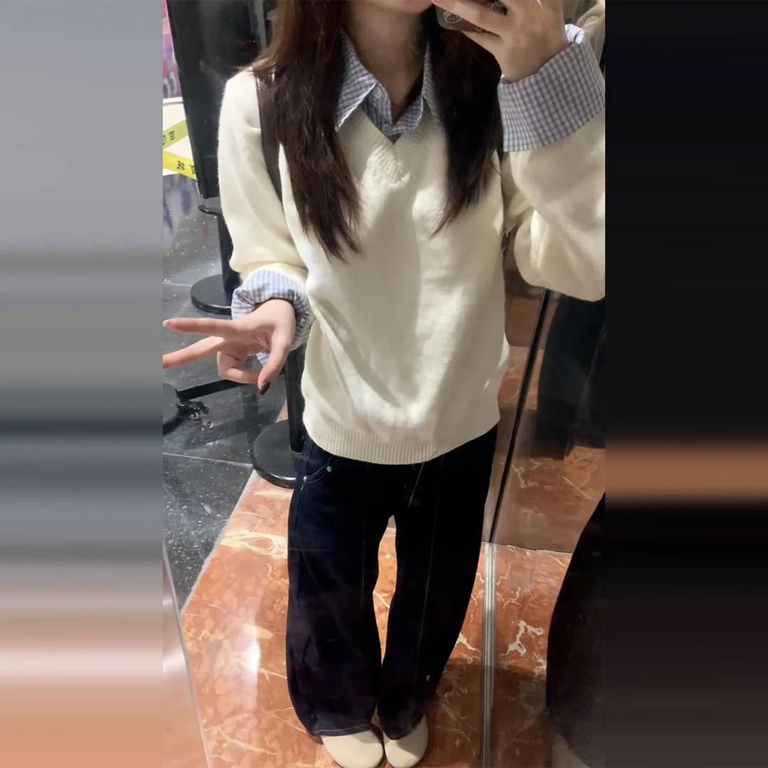 米白色假两件毛衣女秋冬季2025新款高级感格子拼接针织衫短款上衣
