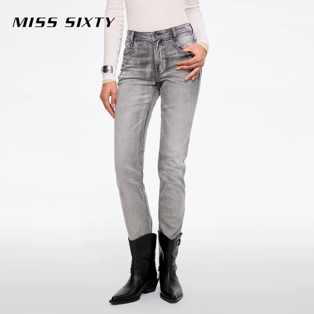 【进口牛仔面料】Miss Sixty2025春季新款浅灰牛仔裤女美式铅笔裤