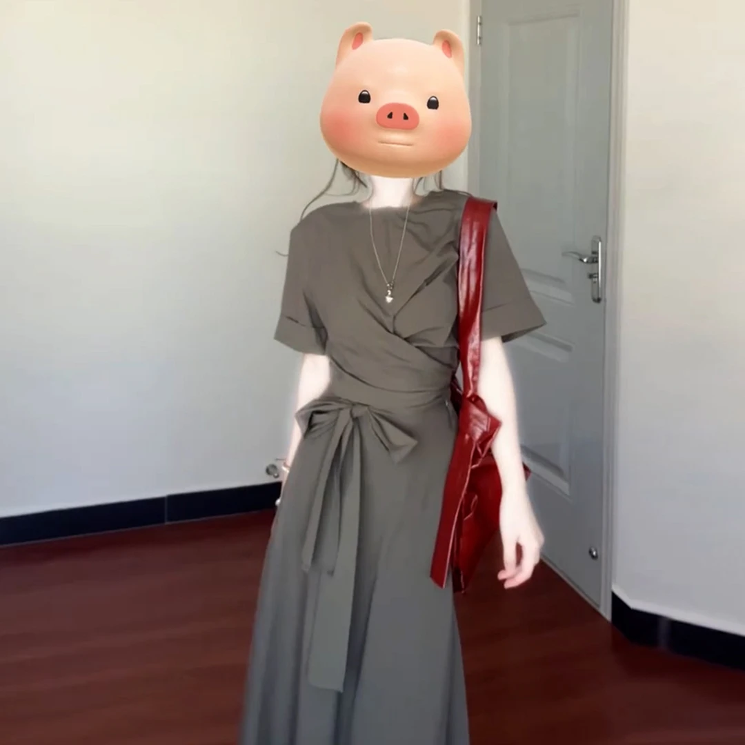 2025新款大方得体气质连衣裙子女夏季高级感收腰绑带长裙套装4531