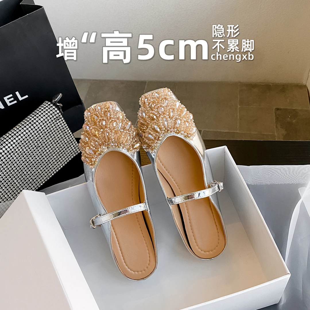 【葡萄茵】5cm内增高方头水钻包头半拖鞋女夏仙女风一脚蹬穆勒鞋