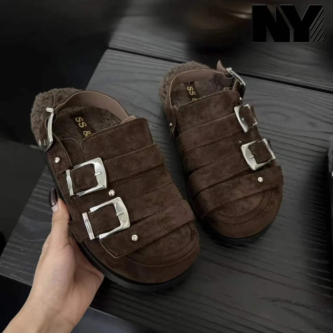 NY勃肯鞋女鞋2025秋冬新款磨砂金属扣大头毛毛鞋休闲包头半拖鞋潮