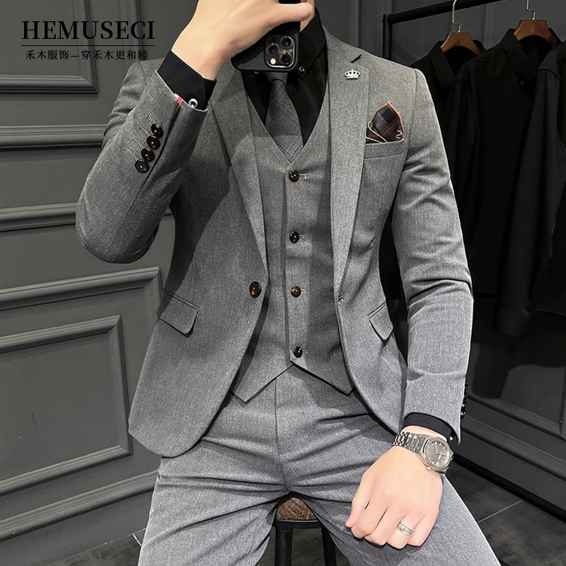男士高级灰防皱商务西服套装时尚工作服修身结婚新郎伴郎西装礼服