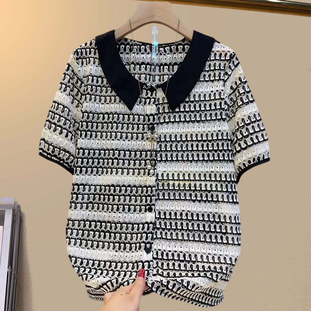 夏季大码女装胖妹妹黑色条纹翻领大版遮肉宽松百搭显瘦半袖上衣