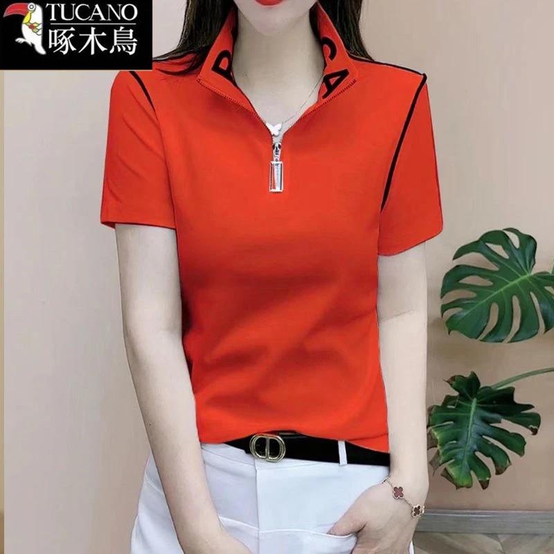啄木鸟正品夏季薄款短袖拼色上衣女2025年新款拉链翻领设计感T恤
