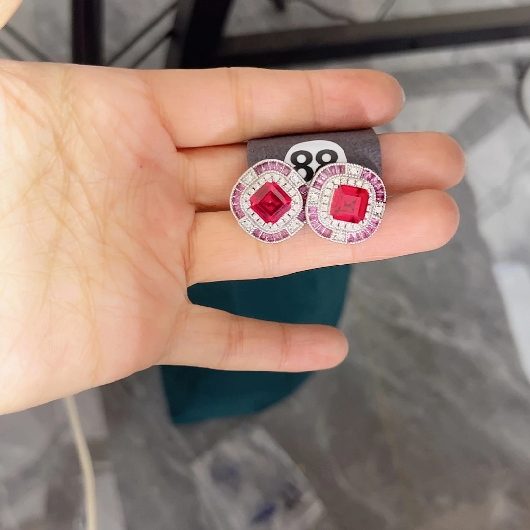 银S925镶嵌耳饰红宝石