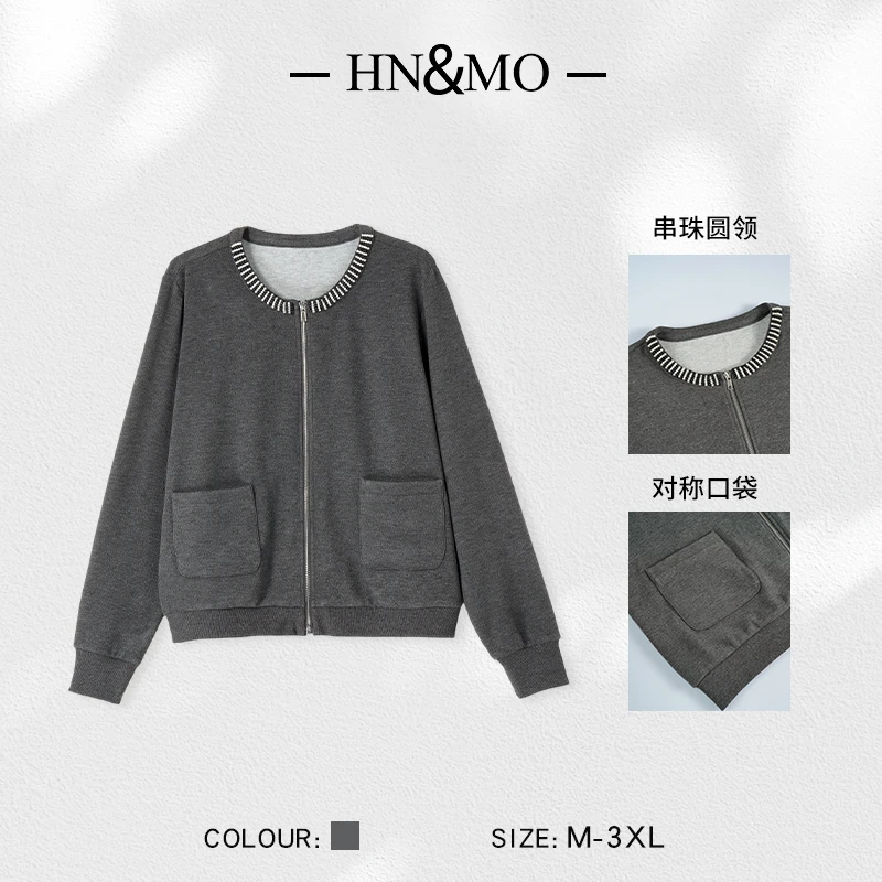 韩穆KA32369新款圆领时尚宽松休闲春秋洋气开衫上衣妈妈装短外套