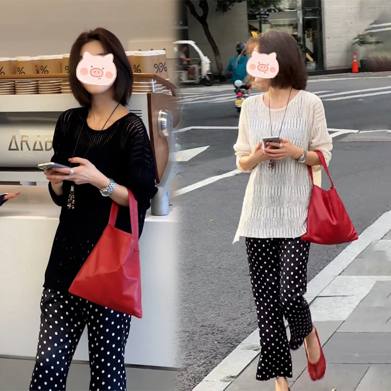 夏季爆款法式时尚洋气大码宽松显瘦防晒罩衫上衣波点休闲裤两件套