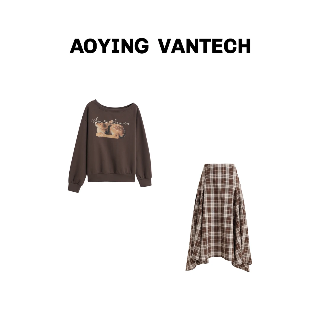 AOYING VANTECH【幻境小鹿】露肩慵懒风卫衣+格纹不规则半裙套装