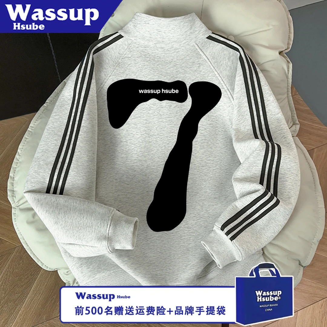 WASSUP HSUBE潮流印花字母情侣长袖宽松秋冬数字拉链百搭休闲上衣