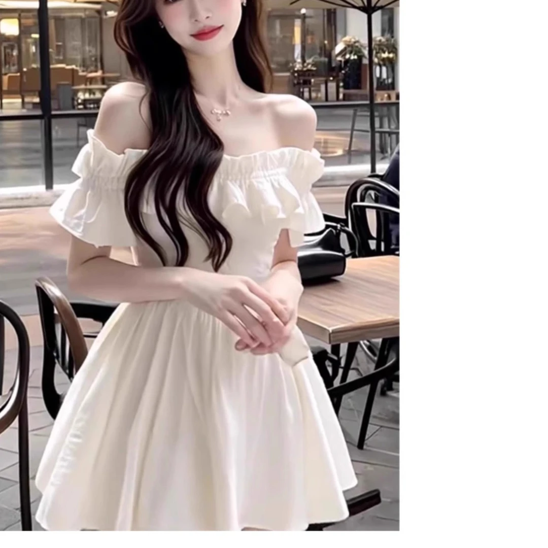 双层带里白色一字肩短袖连衣裙女夏季新款木耳边a字短裙