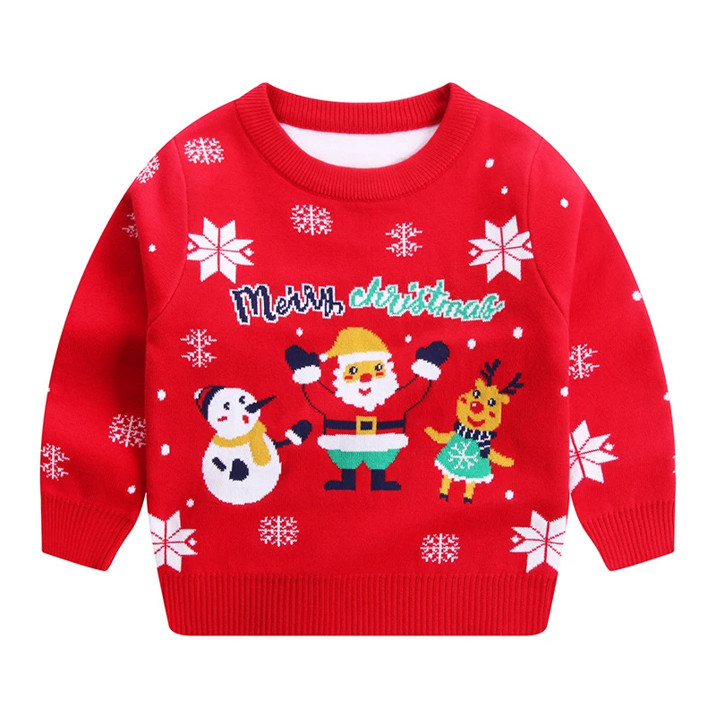 宝宝红色针织上衣长袖圆领冬季服饰时尚女童儿童A类棉线圣诞毛衣