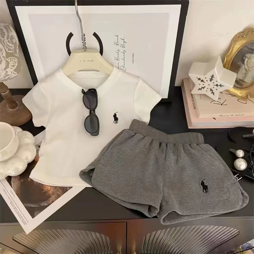 22182童装女童套装2025夏天女宝宝洋气短袖刺绣T恤百搭短裤两件套