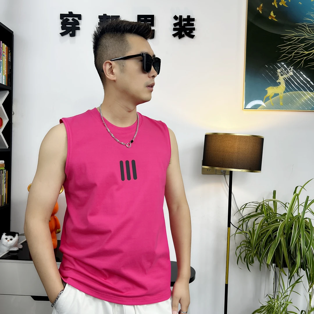 夏季直下摆常规字母条纹几何背心马甲运动男士透气无袖