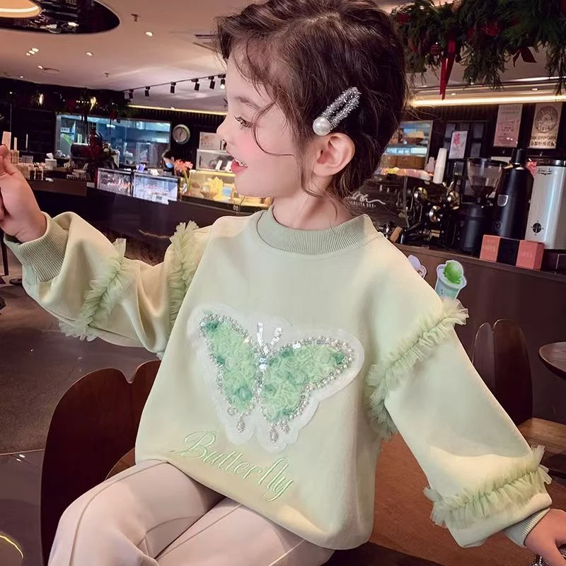 H914女童绿色蝴蝶洋气卫衣
