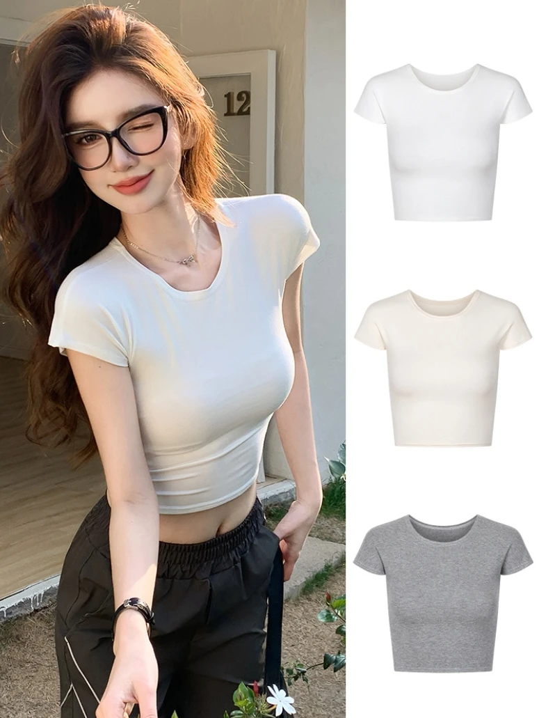 紧身正肩T恤短袖女新款修身显瘦露脐短款百搭上衣性感纯欲风辣妹