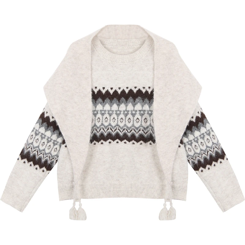 【迷路云端】毛衣 秋冬季时尚百搭圆领配披肩设计杏色长袖毛衣88235