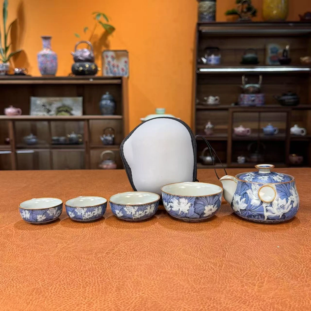 心名茶器 蓝彩双耳铜钱手抓壶加四杯便携式旅行茶具快客杯-6009