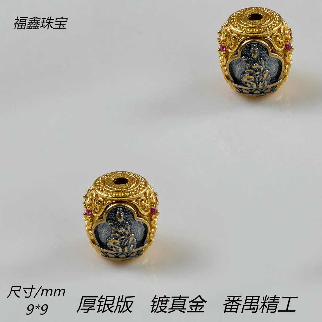 925银银制品 精工古法银镀金双色两面佛桶珠隔珠diy银配件