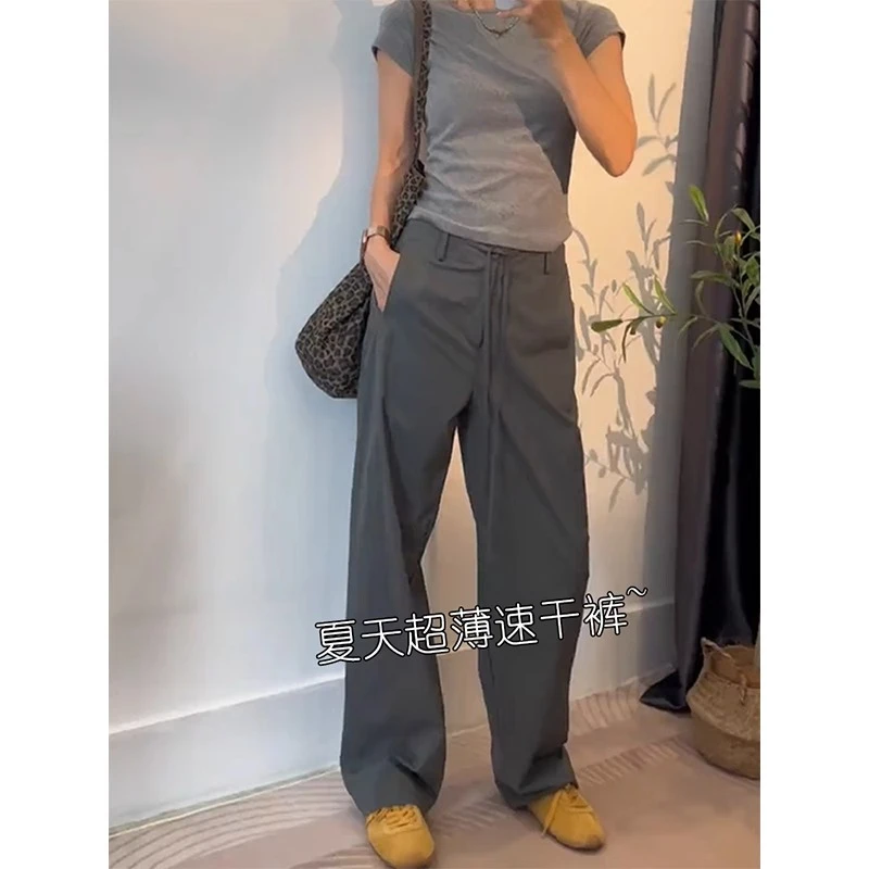 灰色速干工装裤女夏季薄款大码胖mm宽松显瘦高腰直筒抽绳休闲裤子