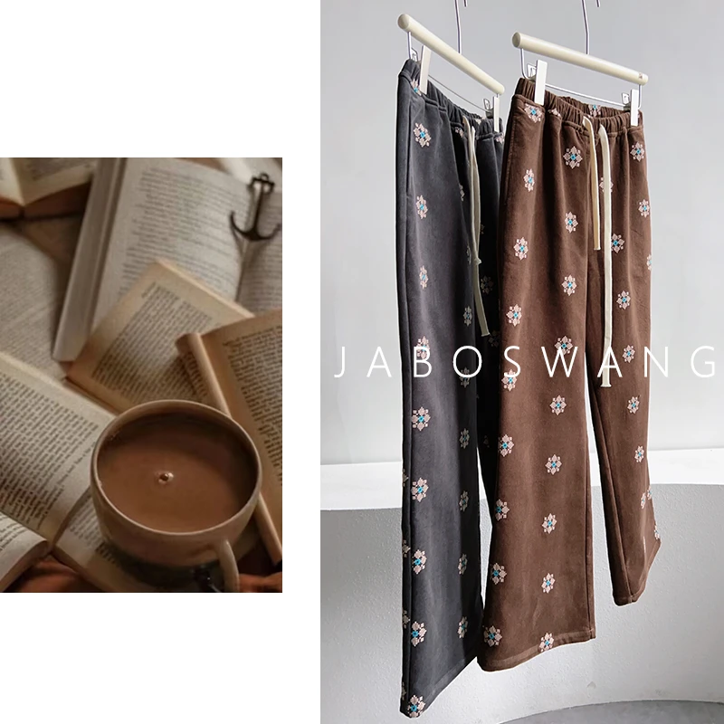 K336灯下雪裤亚麻风小花刺绣阔腿裤女松紧腰显瘦垂感休闲裤