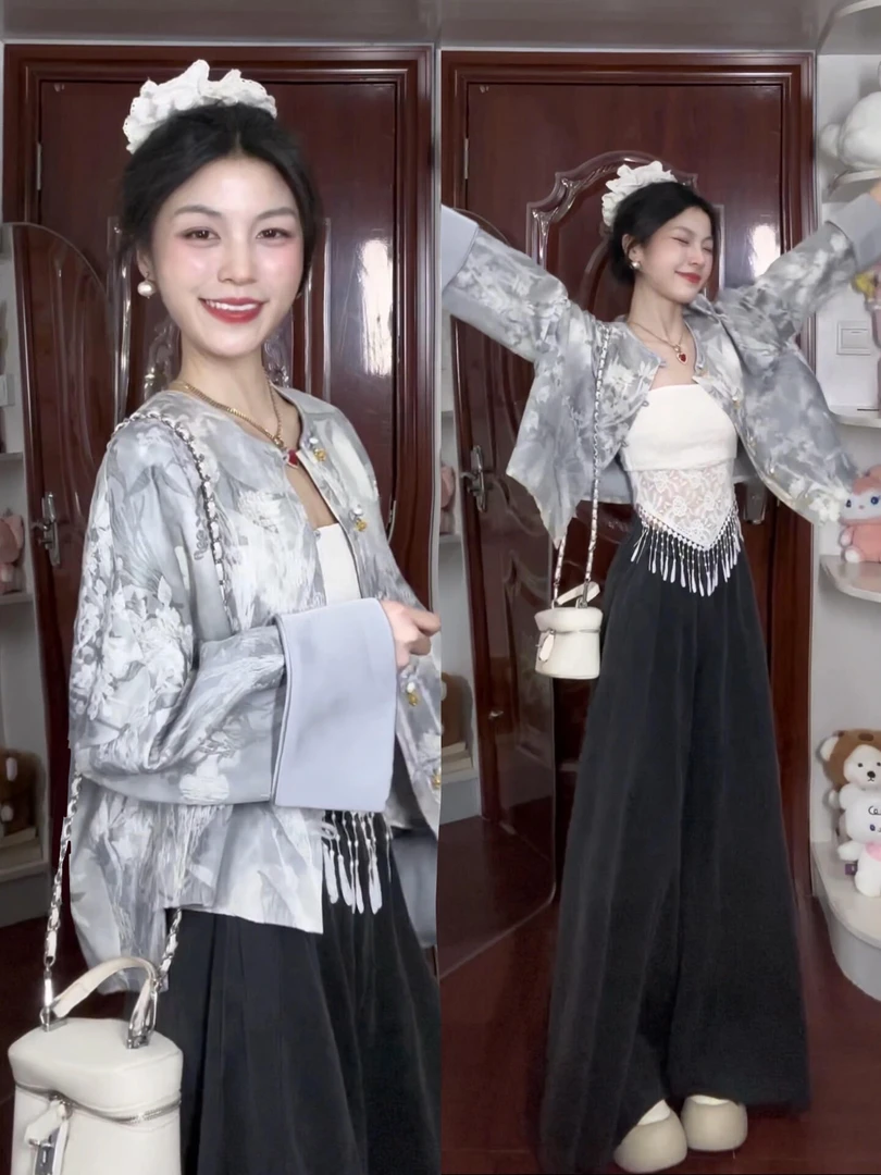 新中式穿搭2025秋季新款高级感气质宽松短款国风外套牛仔裤两件套