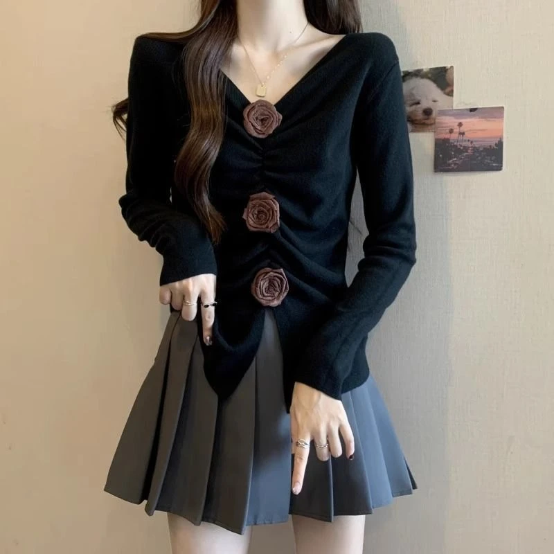 大码立体玫瑰褶皱V领长袖T恤女春秋2025新款宽松显瘦遮肉小众上衣