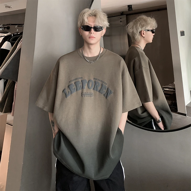 国潮渐变短袖t恤男夏季重磅字母发泡印花设计感小众宽松半袖体恤