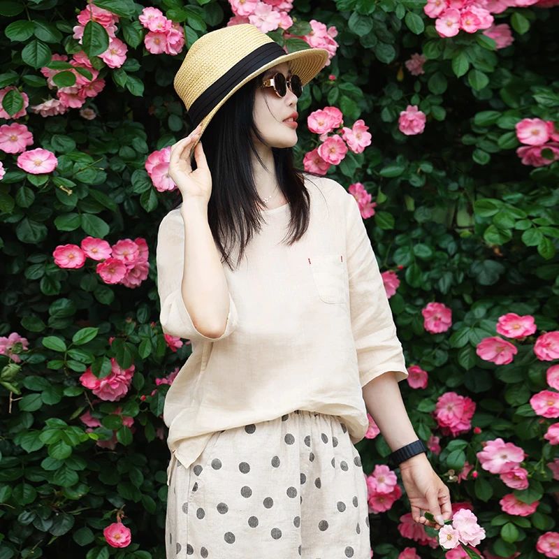 澳希美2025年夏季新款短袖纯色苎麻杏色简约休闲上衣衬衫