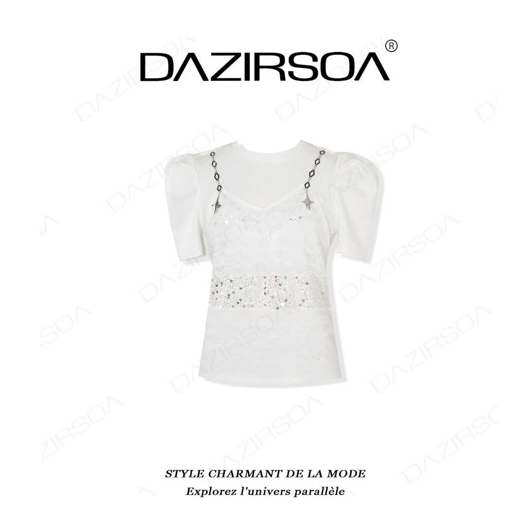 “波嬉当季”时尚百搭拼接蕾丝花边气质短袖上衣 X996