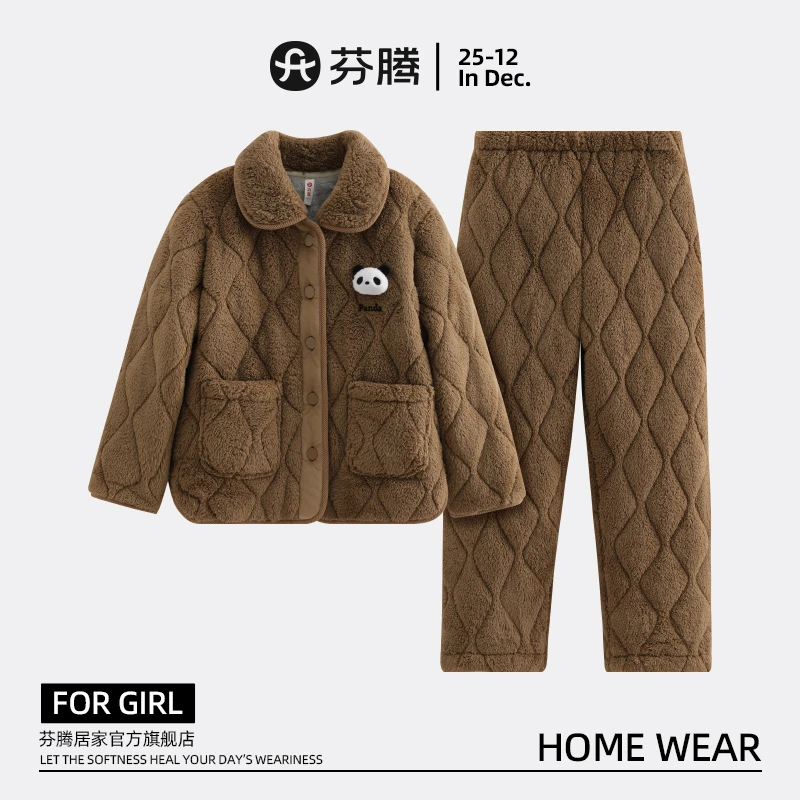 芬腾新款冬季情侣毛绒睡衣三层夹棉珊瑚绒加绒加厚保暖家居服套装