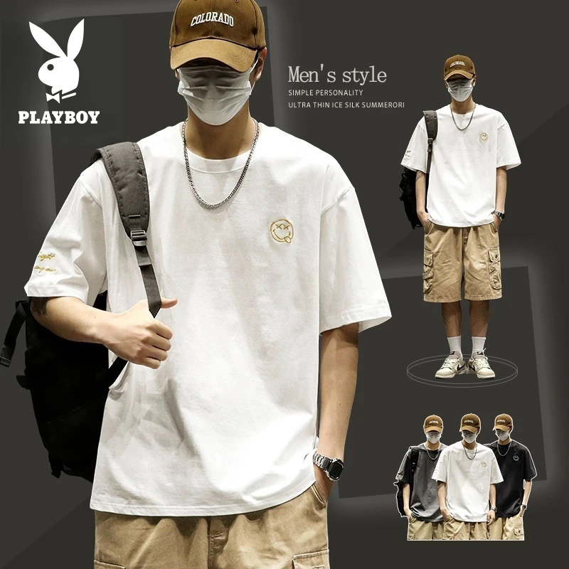 花花公子夏季薄款短袖t恤男士宽松刺绣潮流休闲纯棉圆领半袖上衣
