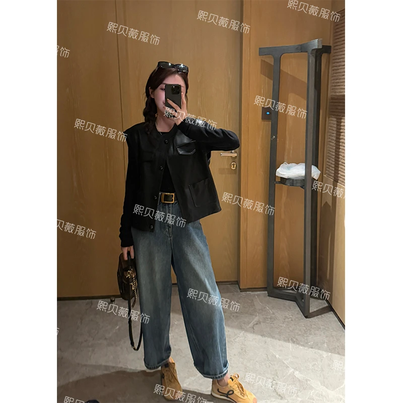 熙贝薇2 2025春季新款圆领单排扣短款无袖坎肩PU皮马甲 G7173