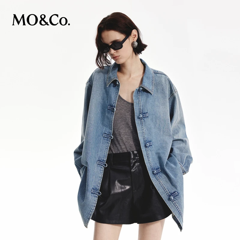 【达人专属】MOCO秋新中式盘扣棉质斑驳落色宽松牛仔衬衫MBD3SHT027