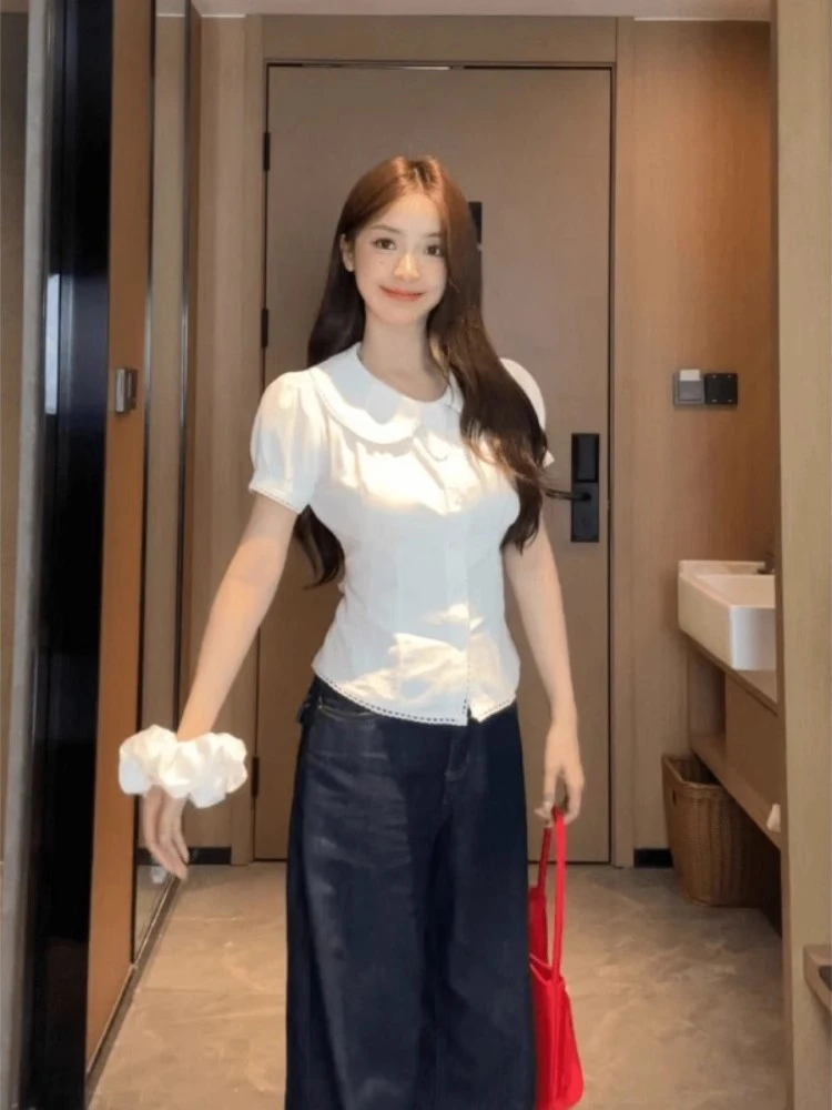法式白色娃娃领短袖衬衫女2025夏季新款设计感收腰显瘦短款上衣