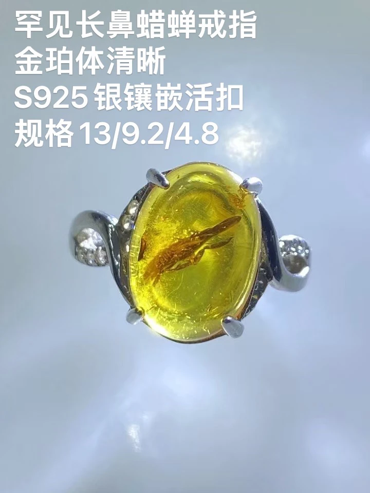 天然缅甸琥珀～罕见长鼻蜡蝉戒指