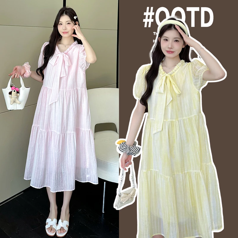 2025夏季新款法式蝴蝶结甜美宽松孕妇装短袖中长款连衣裙外穿时尚