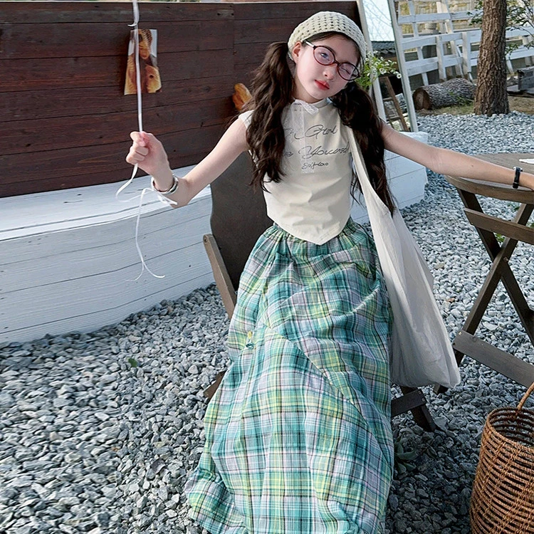 女童夏季洋气短袖半身裙两件套2025新款中大童修身上衣格子长裙潮