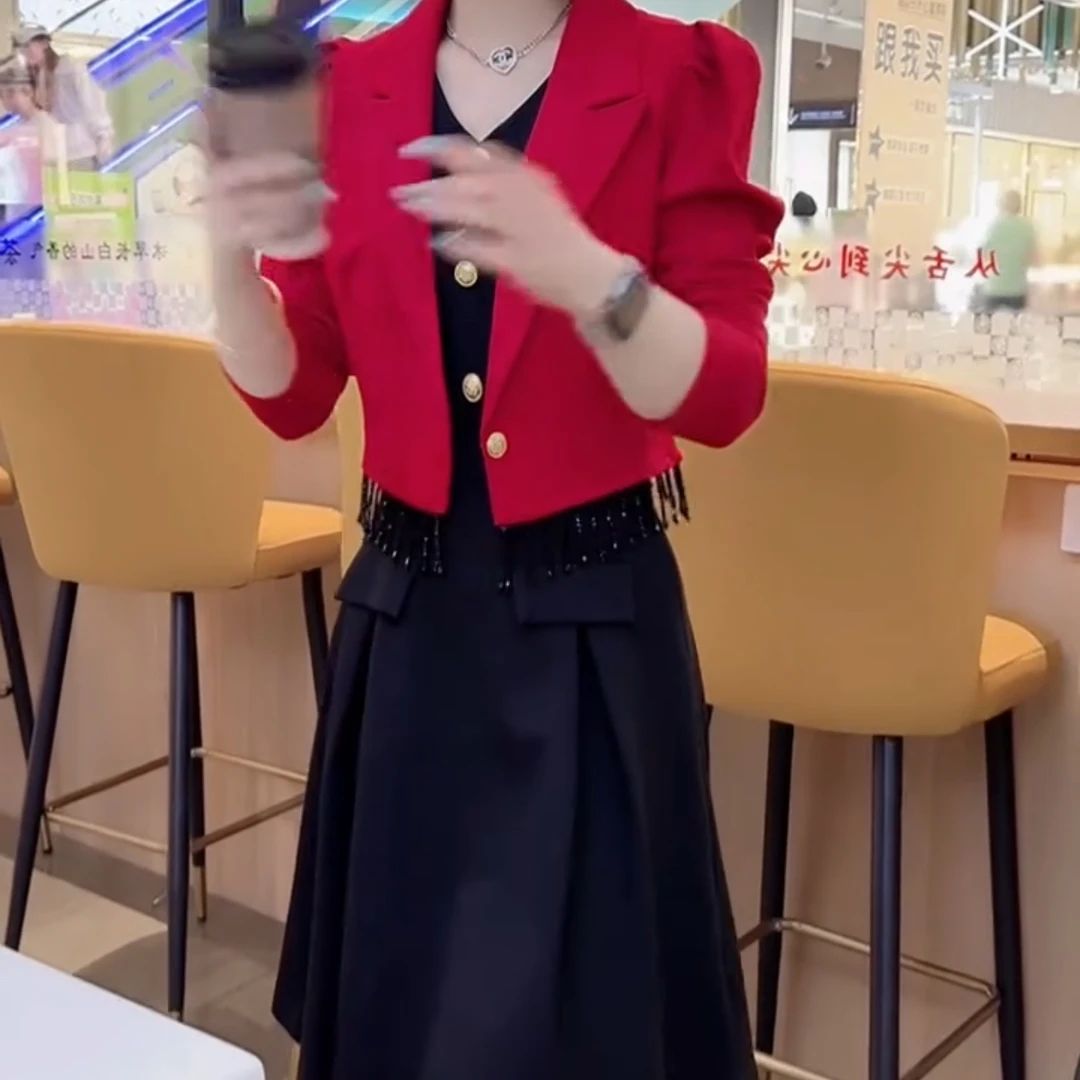 时尚短款流苏上衣搭配砍袖裙秋季新款气质套装