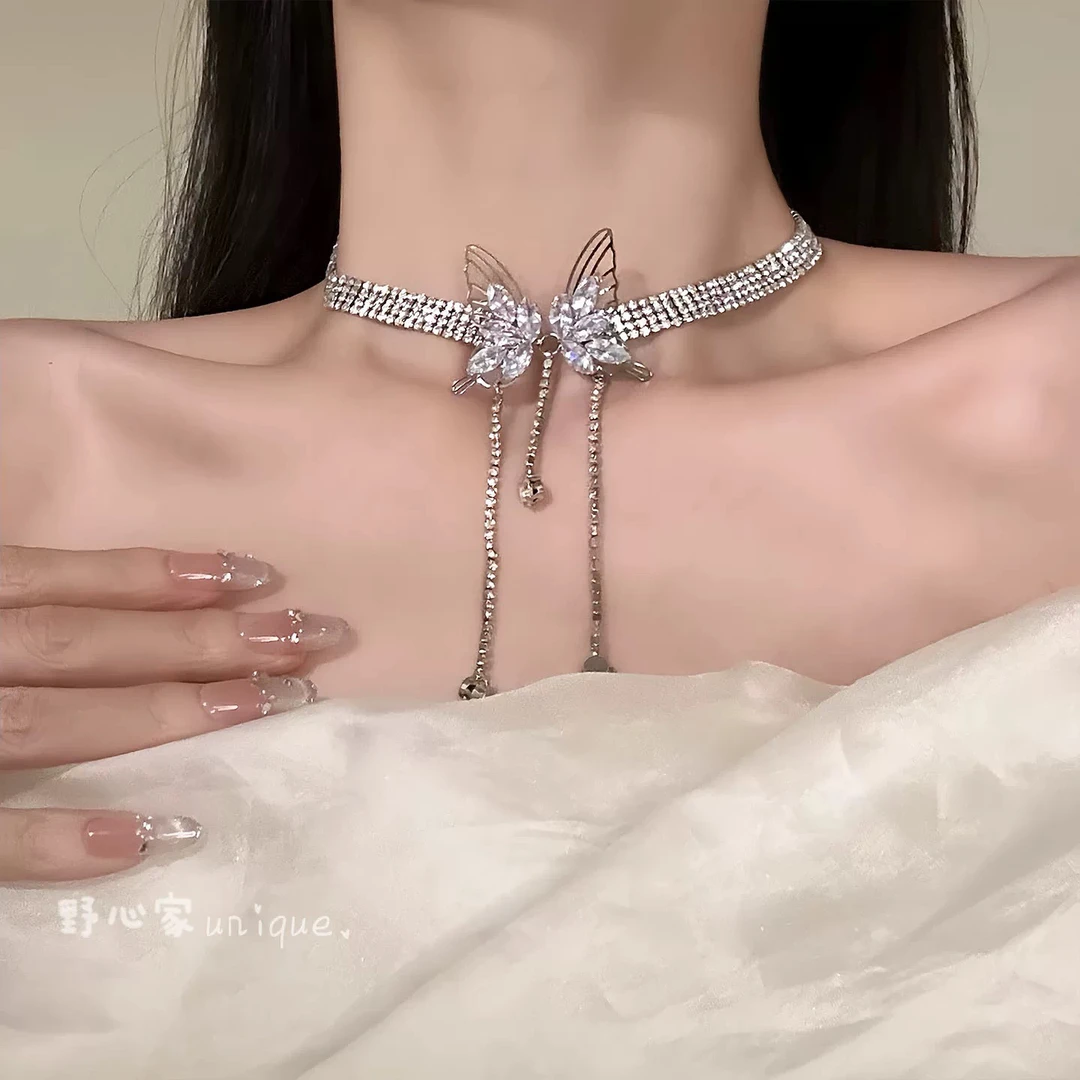 铜合金锆石项链 【蝶舞流瀑】闪锆蝴蝶结珍珠项链晚宴礼服choker