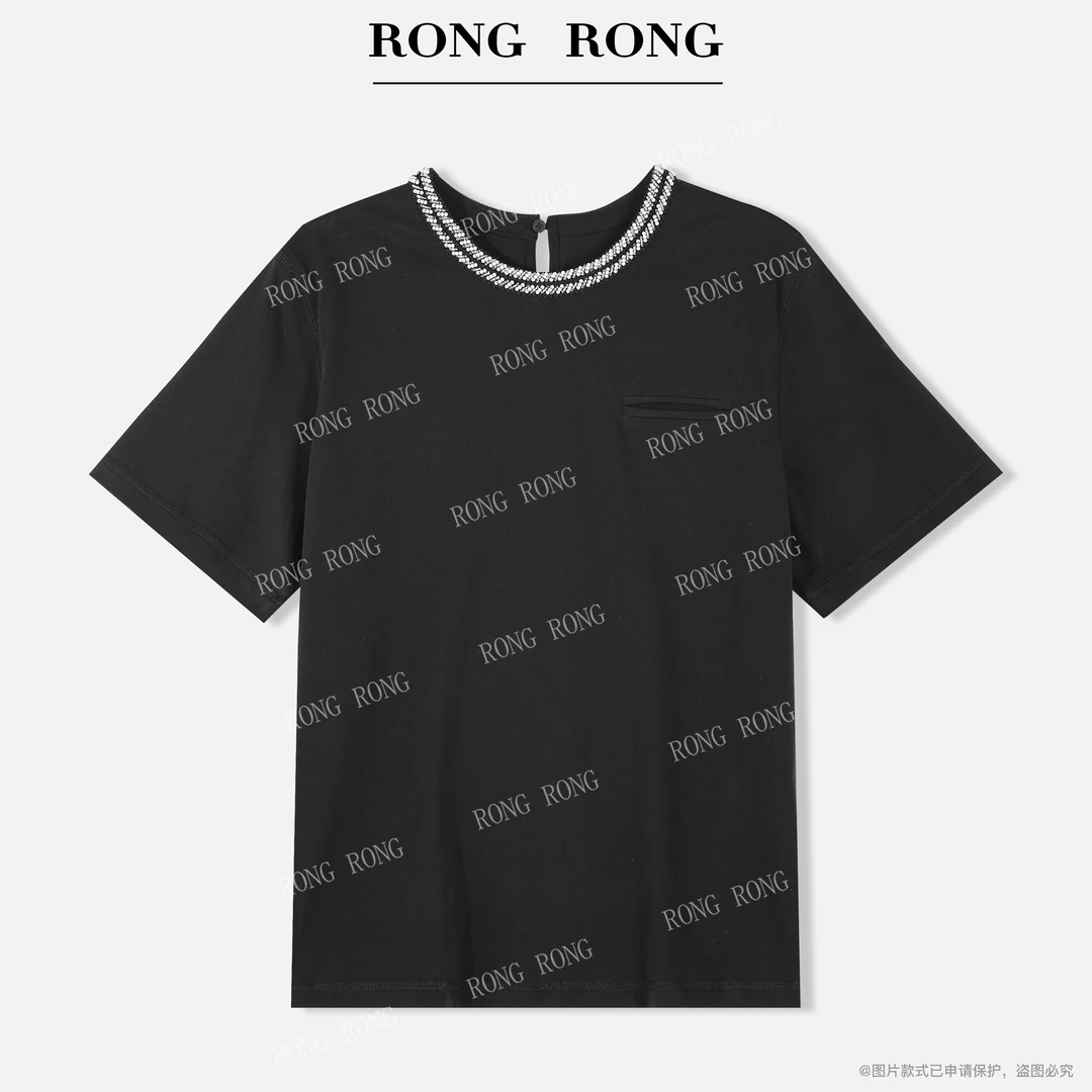 溶溶【屿墨织韵】RONGRONG 100棉手工钉珠织带圆领百搭T恤25XT1010