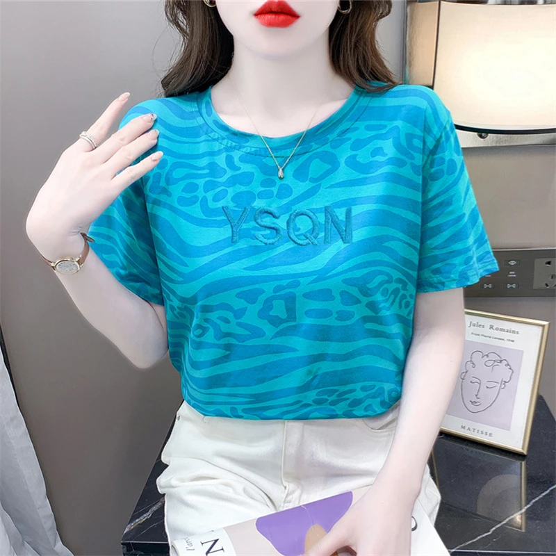 豹纹印花短袖t恤女2025年新款女装夏装体恤宽松别致字母刺绣上衣