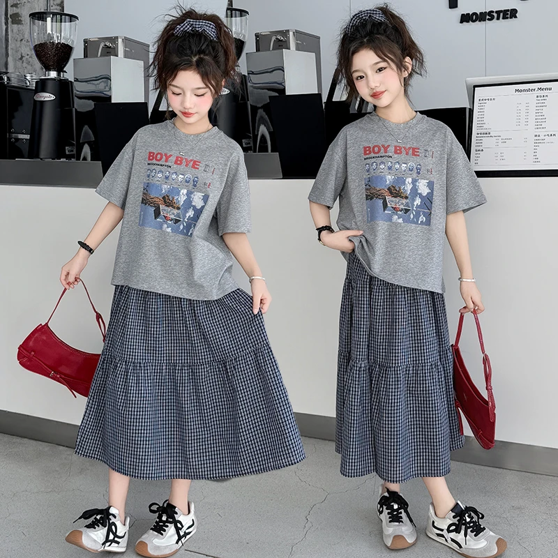 女童夏季套装2025新款中大童6-12岁15岁时尚短袖半身裙时髦两件套